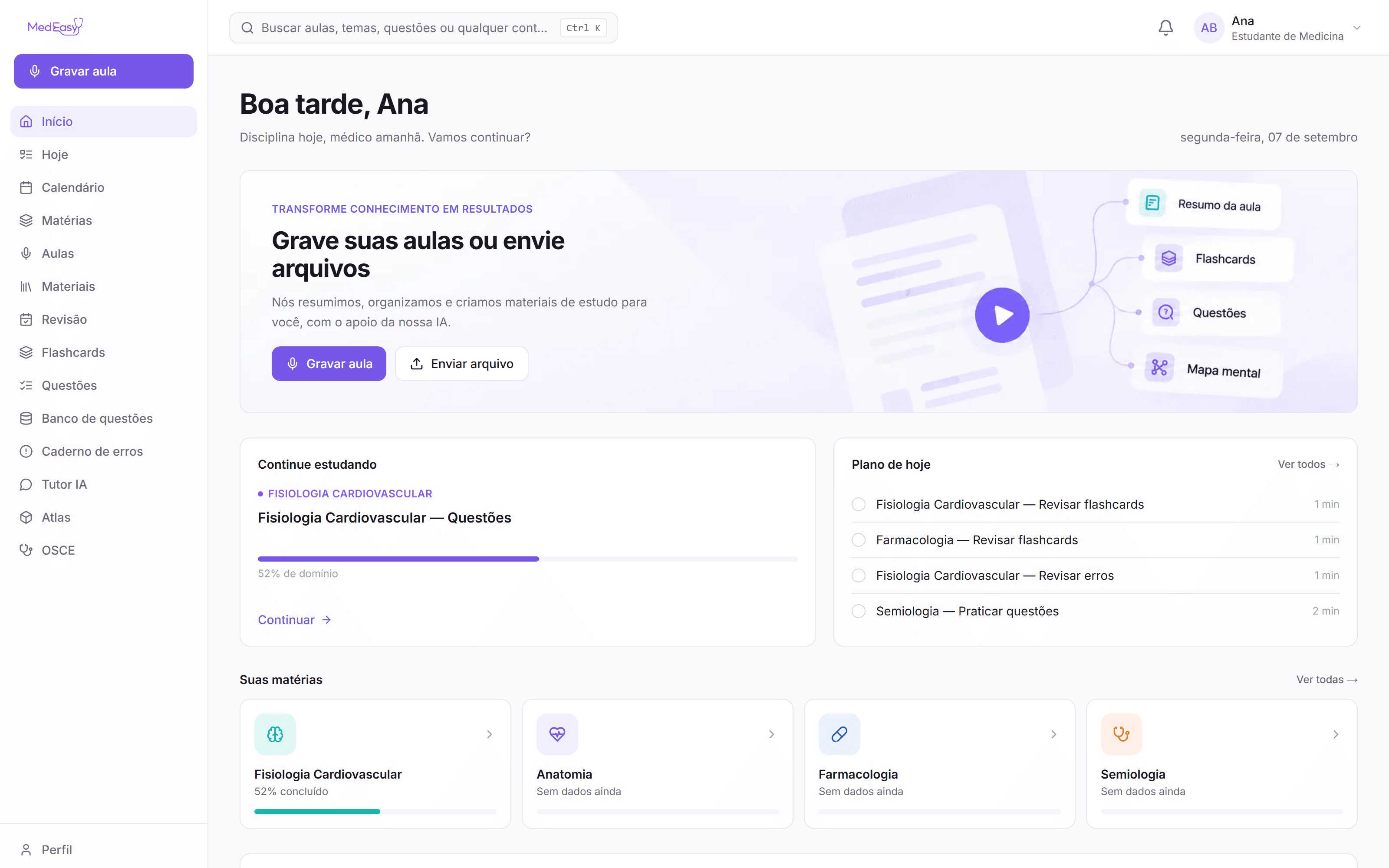 Home da medEasy.ia mostrando o painel do aluno, com continue estudando, plano de hoje e as matérias